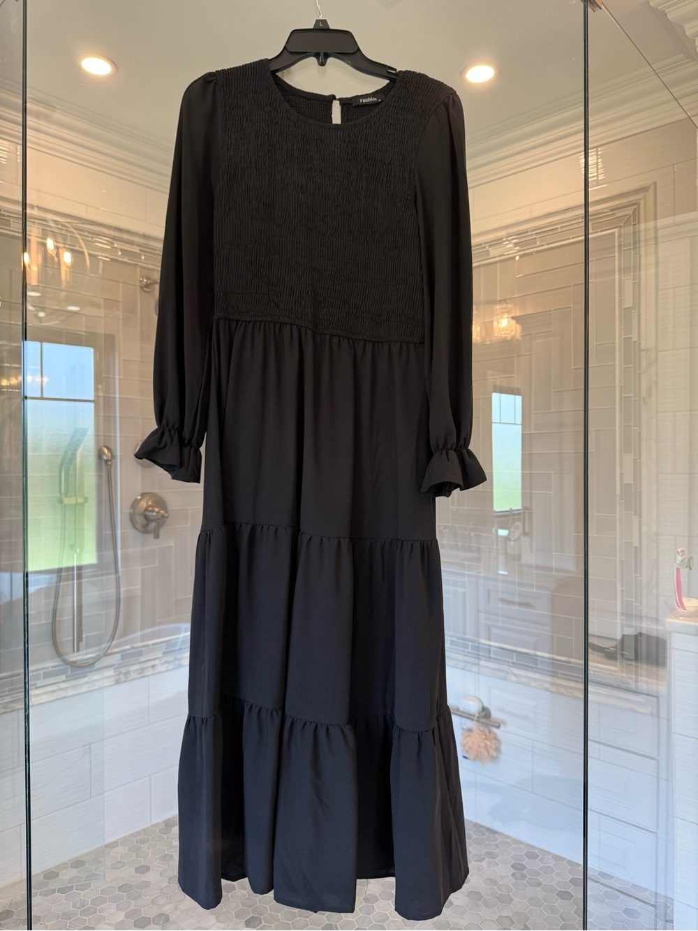 Black Smocked Tiered Maxi Dress with Long Sleeves